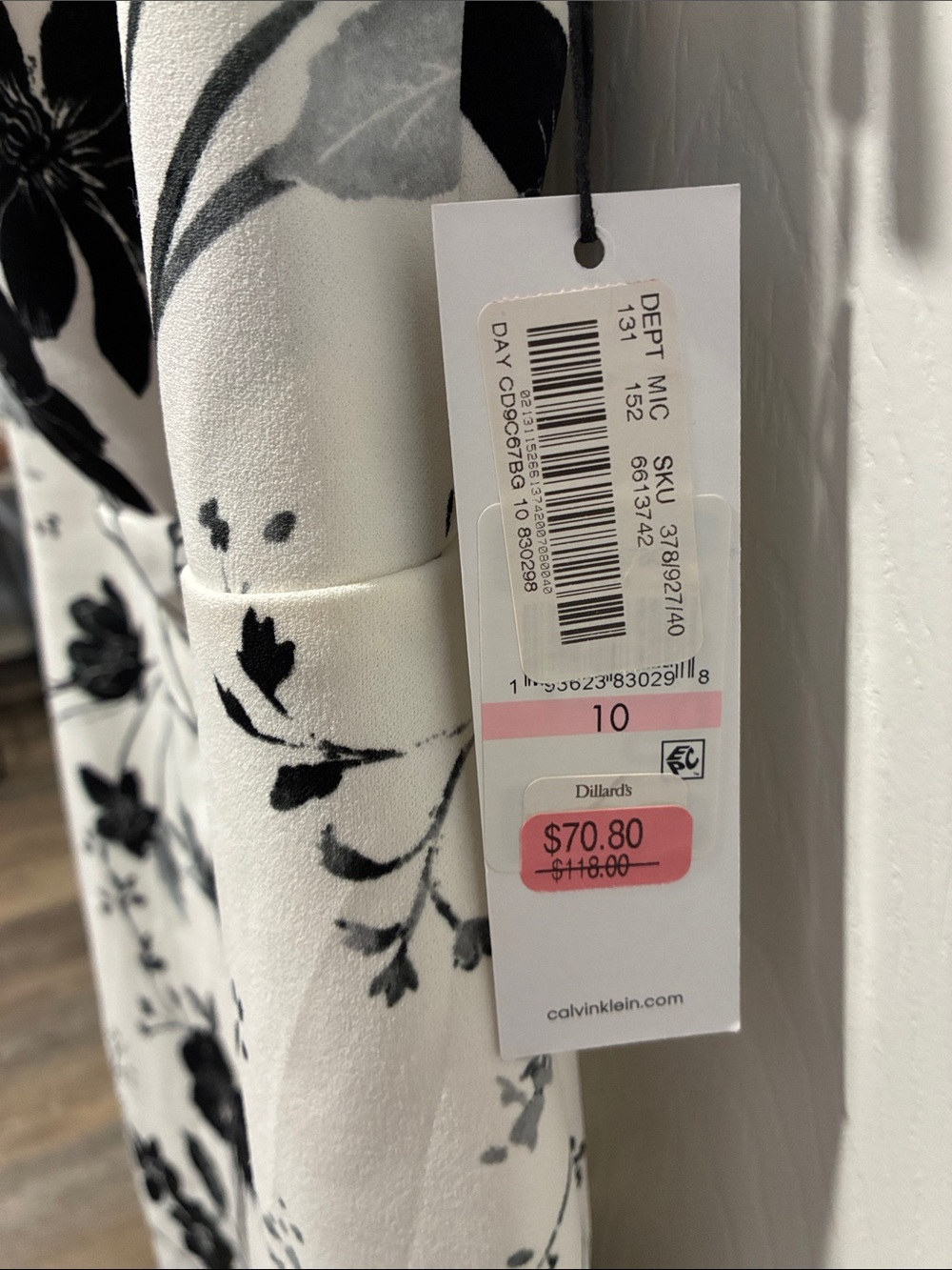 Calvin Klein Off-Shoulder White Dress with Black Floral Print - Picture 3 of 8